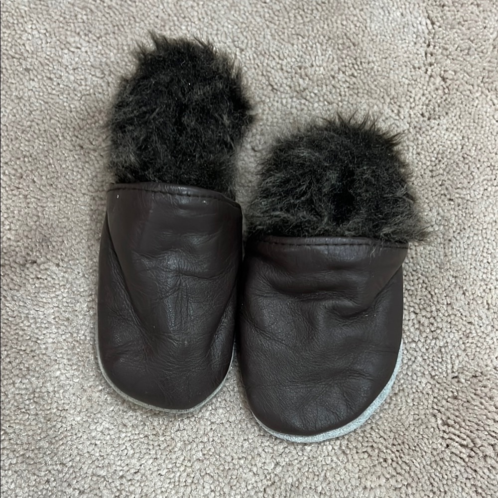 Brown Baby Walker Shoes with Plush Fur Trim